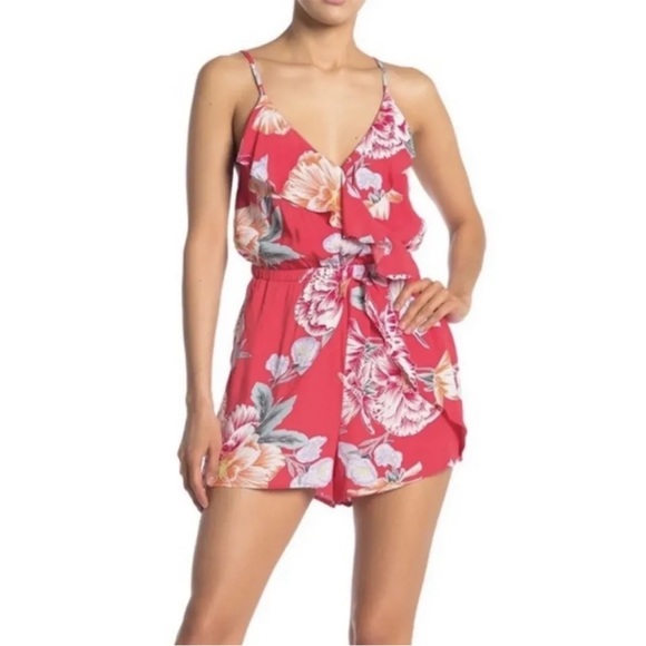 cupcakes & cashmere Pants - Cupcakes and Cashmere Red Astra Printed Crepe Ruffled Romper
